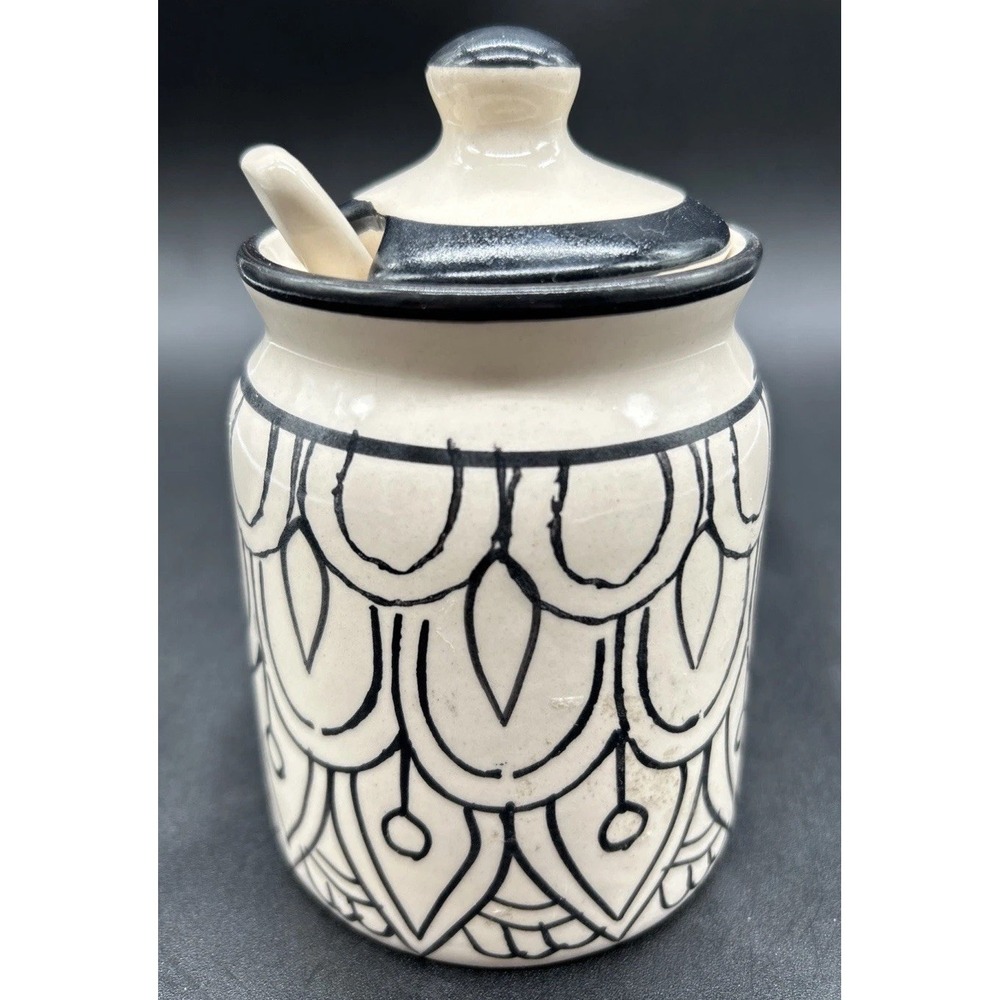 Hand Painted Ceramic Condiment Jar w/Spoon Black White 4” Tall, India Minimalist